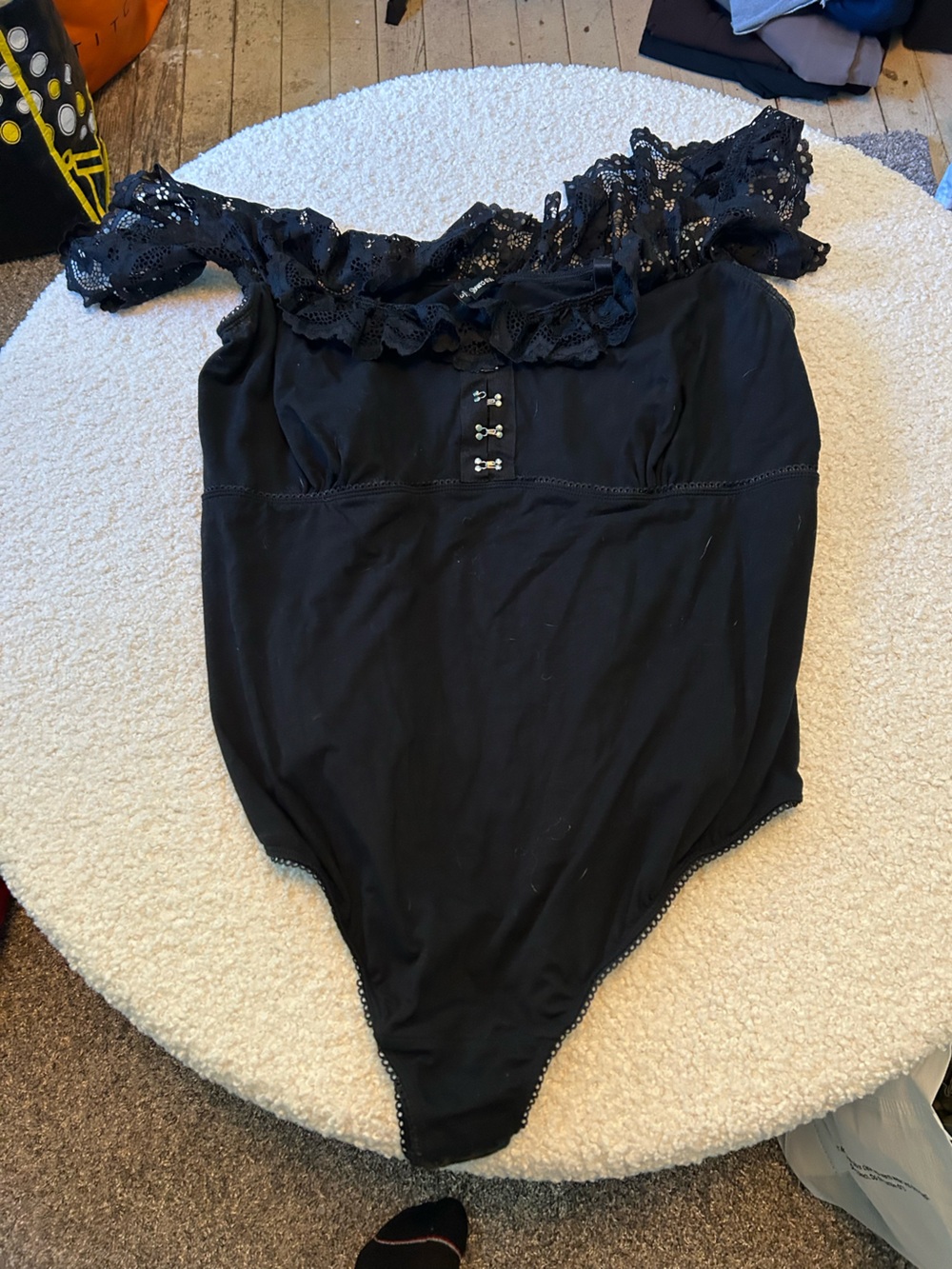 Off-Shoulder Black Lace-Trim Bodysuit